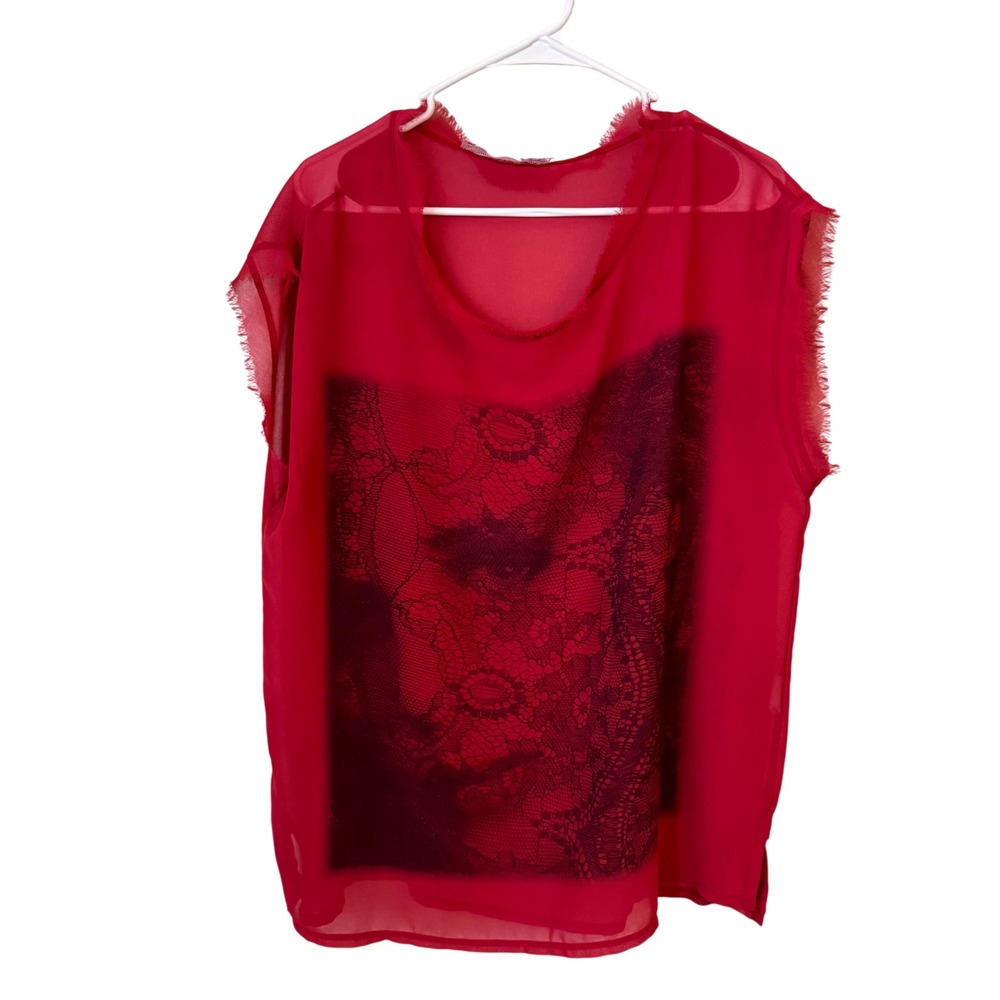 Superstar Red Sheer Chiffon Graphic Lace Face Print Frayed Edge  Top 42